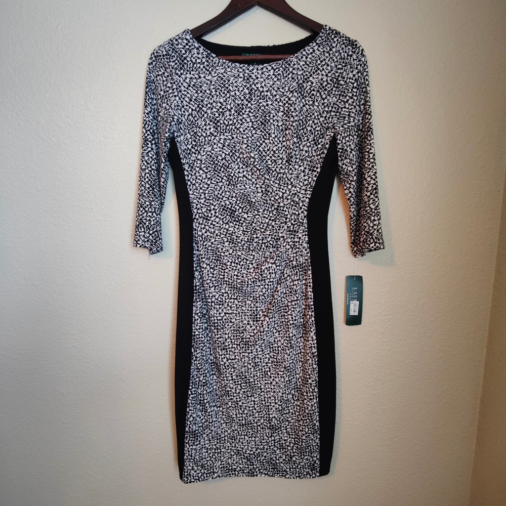 Lauren Ralph Lauren Womens Black Cream Geometric Sheath Dress 6 Stretch Slimming